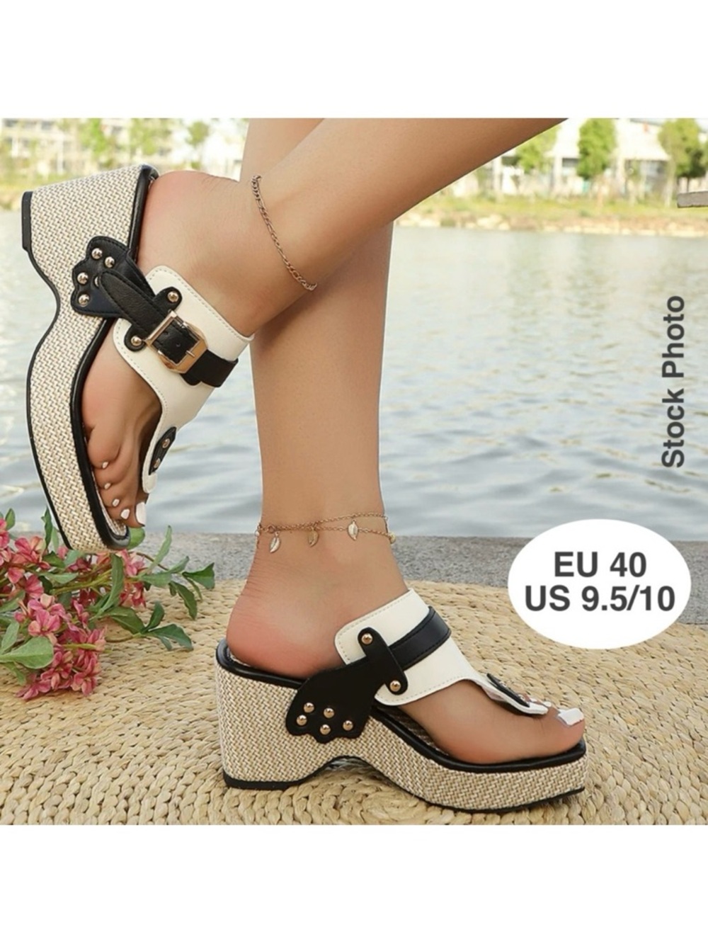 Platform Thong Sandals White Black Adjustable (40)